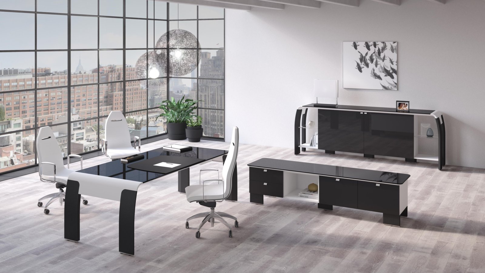 Modernt chefsskrivbord AlfaOmega från Codutti, Alfa i vitt lackat glas och karbonläder