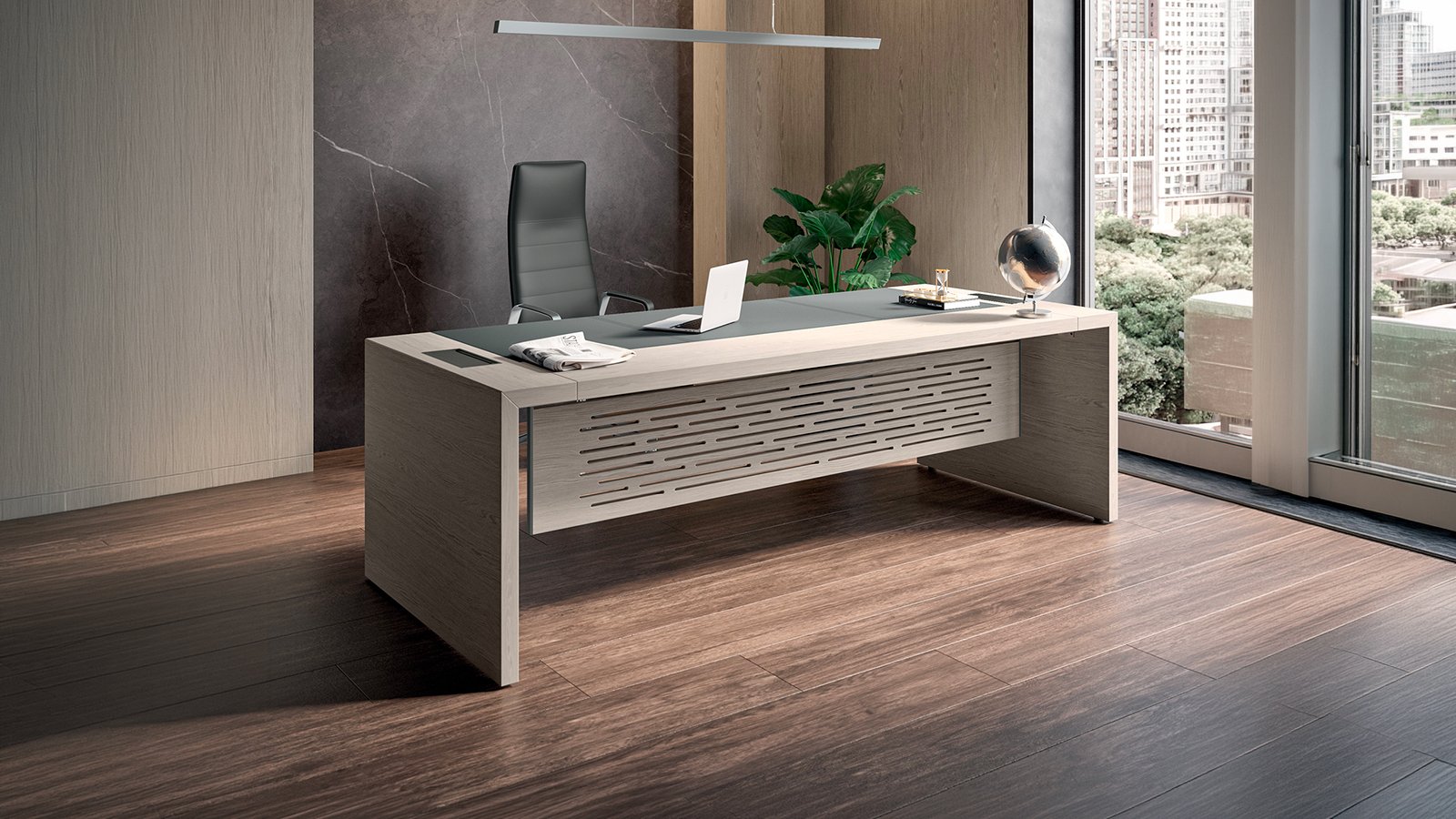 Designskrivbord e-10 från Quadrifoglio med ben i sidengrå lack