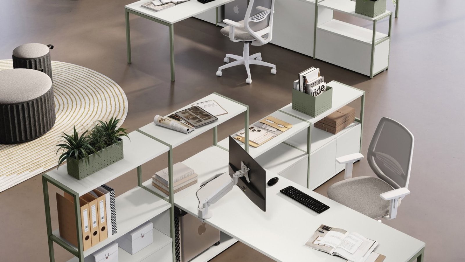 Arbetsplatssystemet Sigma från Las Mobili med bench-skrivbord på kvadratiska stålben