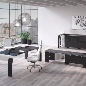 Modernt chefsskrivbord AlfaOmega från Codutti, Alfa i vitt lackat glas och karbonläder