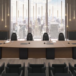Halvovalt AlfaOmega konferensbord med ryggpanel i full höjd