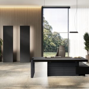 Las Mobili Jera direktörsskrivbord 2 100 mm finish Noce Bali, Eco-Pelle Ardesia sidopaneler — direktörsrum Stockholm