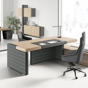 Las Mobili Jera skivyta ovanifrån — 3D-folie Olmo Grey 12, yta 2 100 × 1 050 mm, direktörsskrivbord