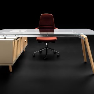 Rail skrivbord i mörkgrå ek med metallbalkar
