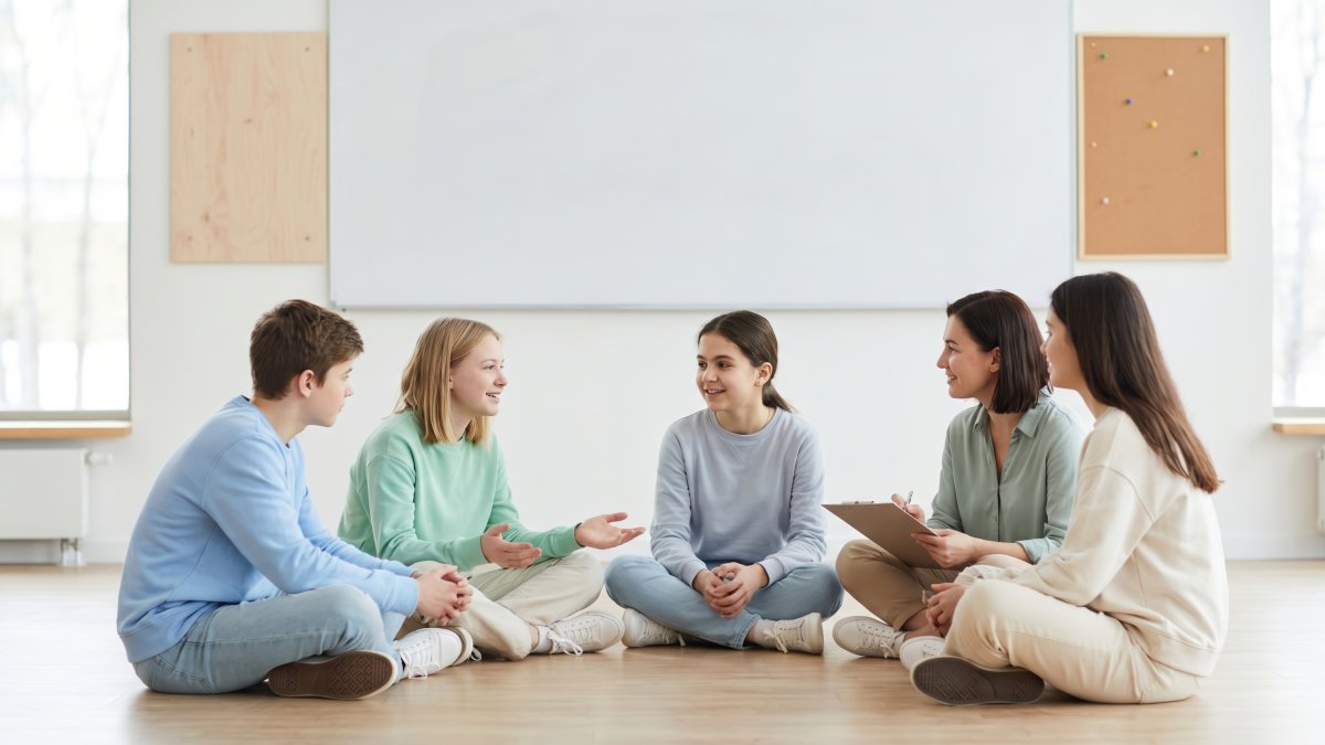 Tonåringar och vuxna sitter i en ring på golvet i ett ljust klassrum framför en whiteboard