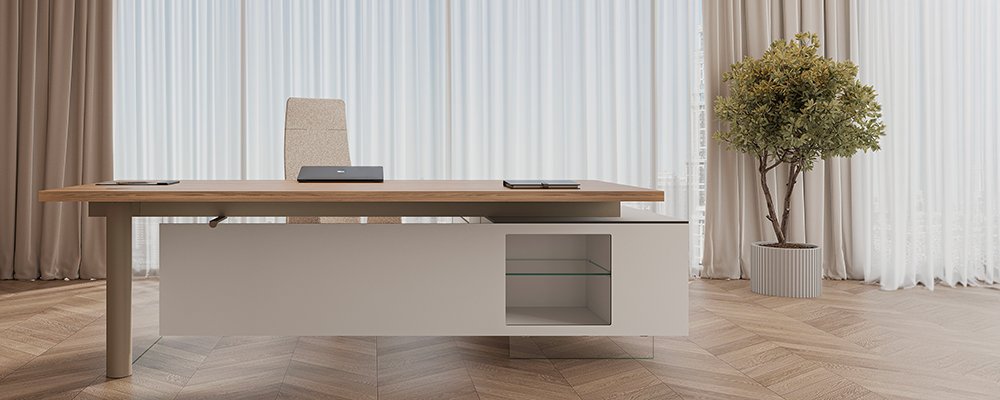Skrivbord med tillbyggnad och skåp